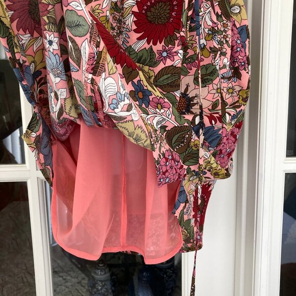 LOFT  Burgundy Coral Olive Green Floral Sleeveless V Neck Dress Small Petite - Picture 6 of 9